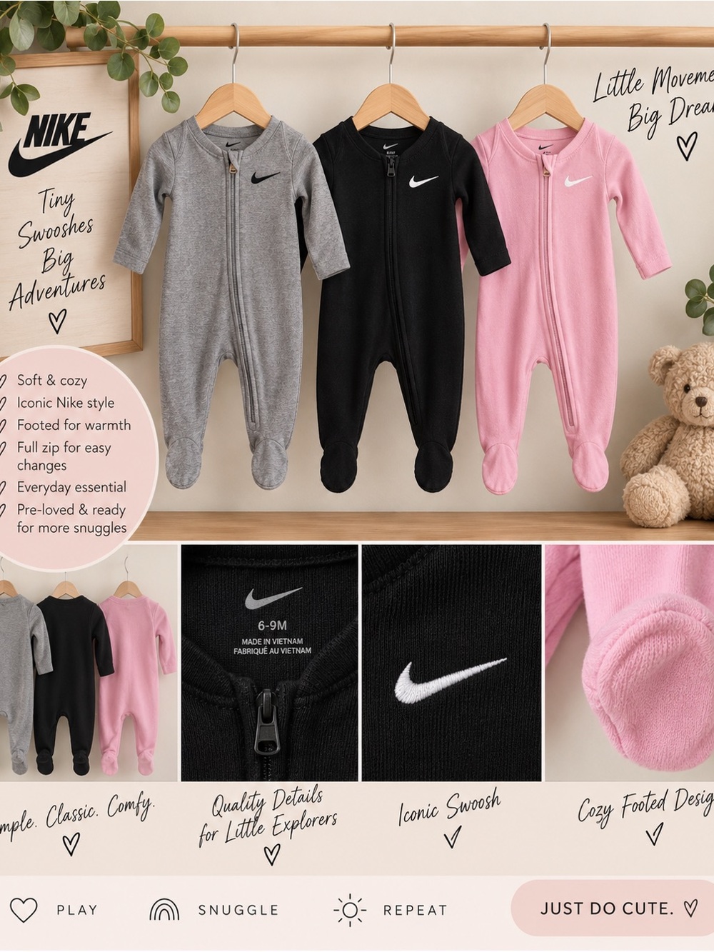 Nike Newborn Baby NB 3-Piece Footed Sleeper Bundle Grey Black Pink